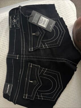True Religion Black Denim Cutoff Shorts with White Contrast Stitching